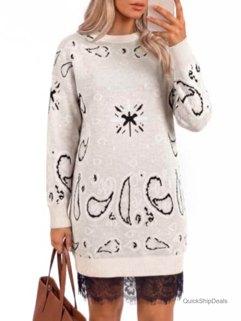 Women's Long Sleeve Knit Sweater Mini Dress Lace Hem Paisley Jacquard